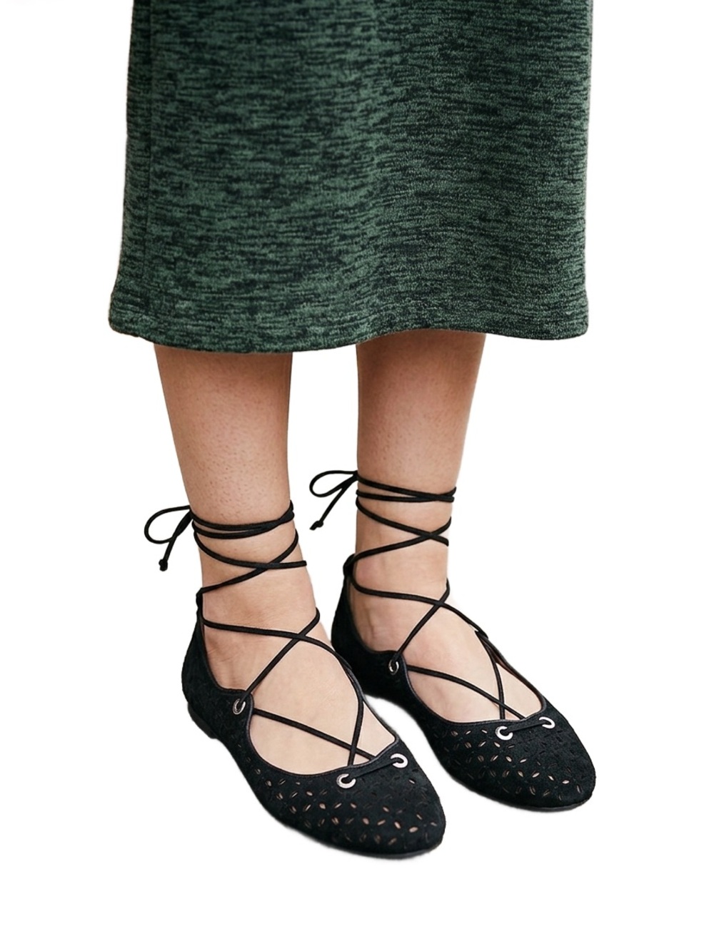 Halogen Nella Ghillie Suede Ballet Flats Black Lace Up Ankle Tie Sz 7.5M